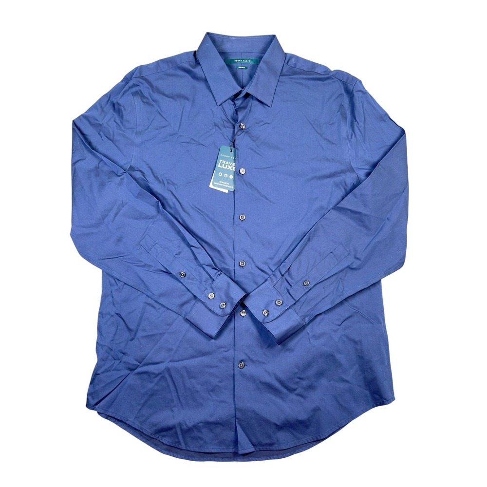 Perry Ellis Travel Luxe Men's Large Blue Non-Iron Dress Shirt NWT
